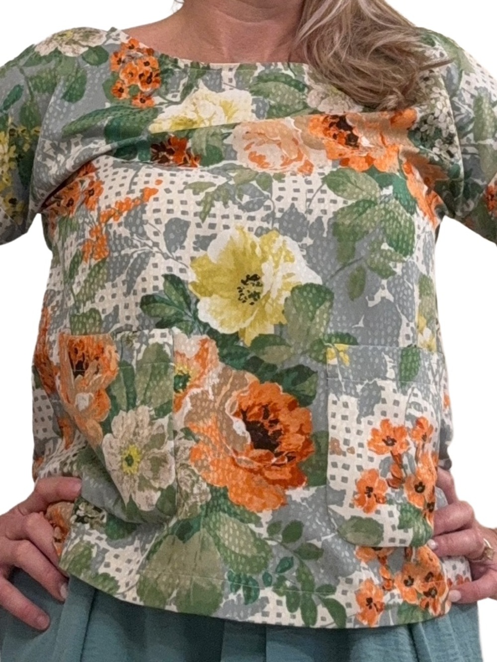 HD in Paris Floral Top in Green, Orange & Cream